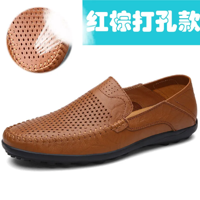 Men's brown cowhide leather casual shoes with round toe and flat heel on rubber sole