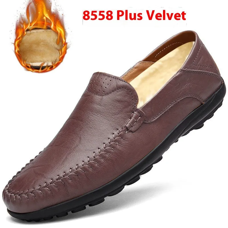 Men's brown cowhide leather casual shoes with round toe and flat heel on rubber sole