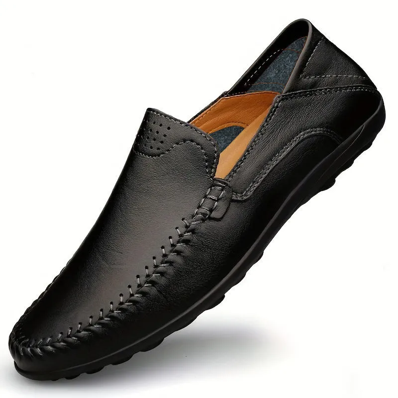 Men's brown cowhide leather casual shoes with round toe and flat heel on rubber sole