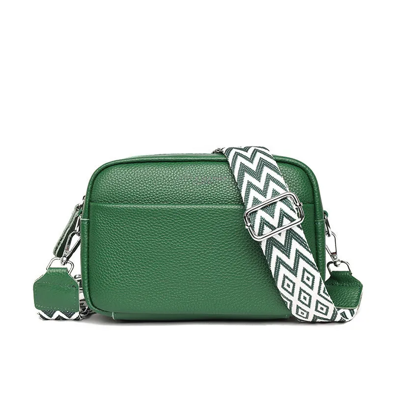 Fashion shoulder crossbody bag with rhombus embroidered wide strap in beige genuine leather for women