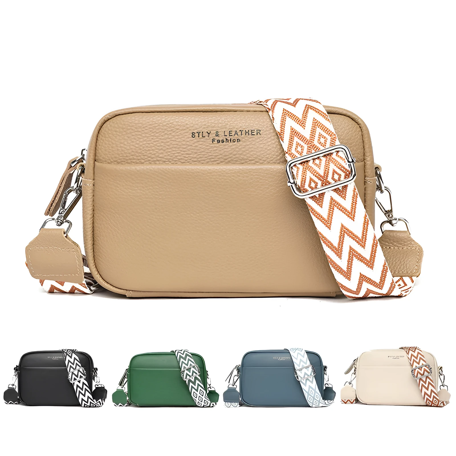 Fashion shoulder crossbody bag with rhombus embroidered wide strap in beige genuine leather for women