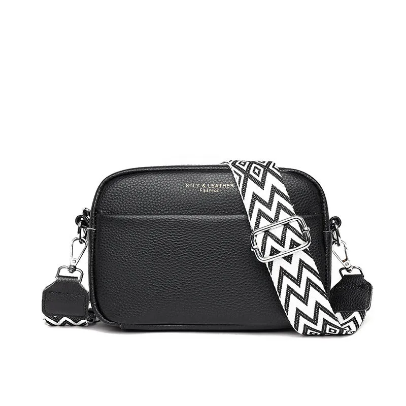 Fashion shoulder crossbody bag with rhombus embroidered wide strap in beige genuine leather for women