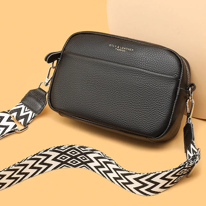 Fashion shoulder crossbody bag with rhombus embroidered wide strap in beige genuine leather for women