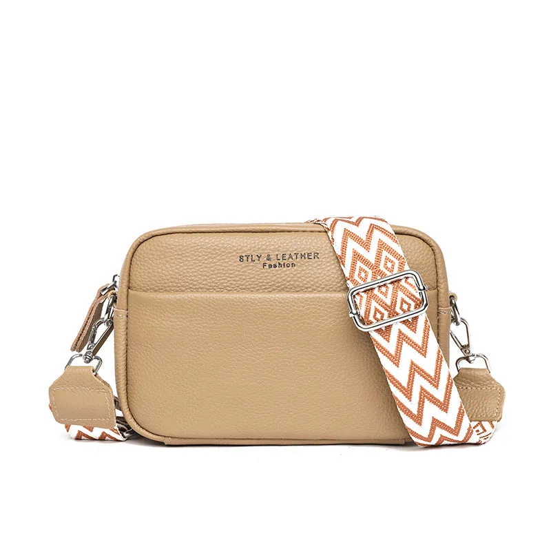 Fashion shoulder crossbody bag with rhombus embroidered wide strap in beige genuine leather for women
