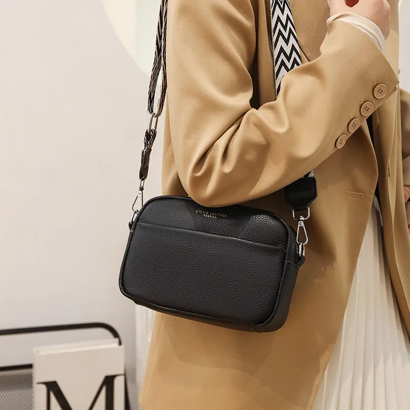 Fashion shoulder crossbody bag with rhombus embroidered wide strap in beige genuine leather for women