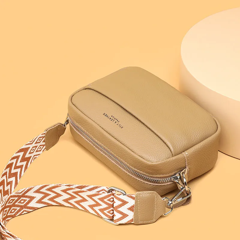 Fashion shoulder crossbody bag with rhombus embroidered wide strap in beige genuine leather for women