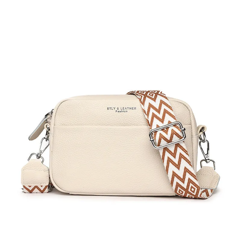 Fashion shoulder crossbody bag with rhombus embroidered wide strap in beige genuine leather for women