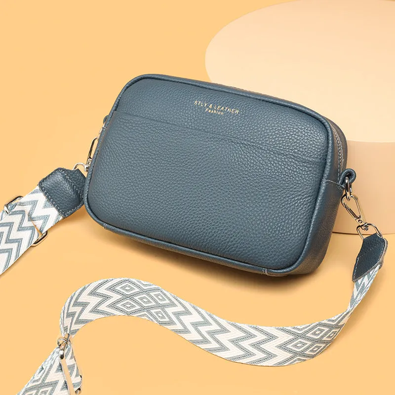 Fashion shoulder crossbody bag with rhombus embroidered wide strap in beige genuine leather for women
