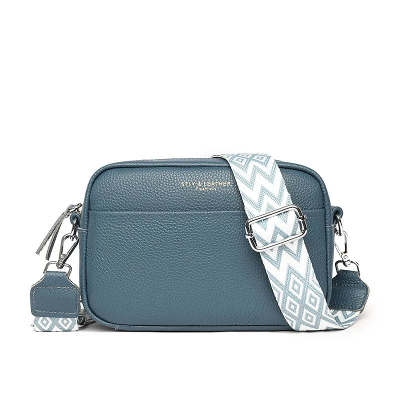 Fashion shoulder crossbody bag with rhombus embroidered wide strap in beige genuine leather for women