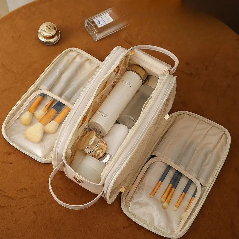 Three-layer double zipper U-shaped cosmetic bag in PU leather for make-up storage
