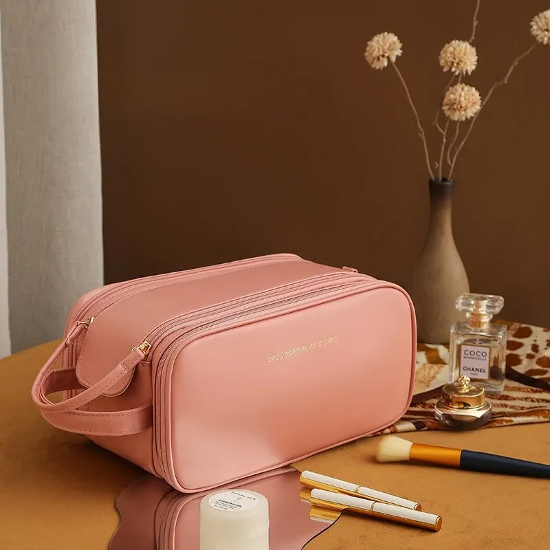 Three-layer double zipper U-shaped cosmetic bag in PU leather for make-up storage