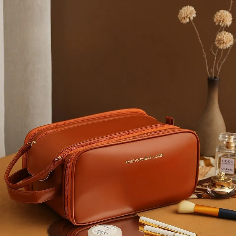 Three-layer double zipper U-shaped cosmetic bag in PU leather for make-up storage