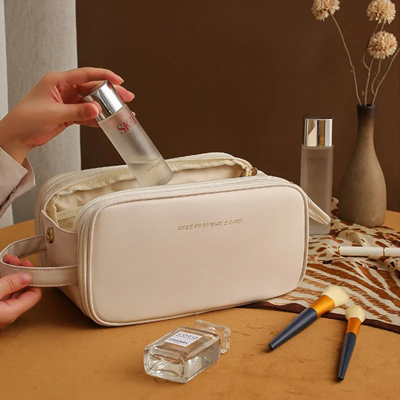 Three-layer double zipper U-shaped cosmetic bag in PU leather for make-up storage