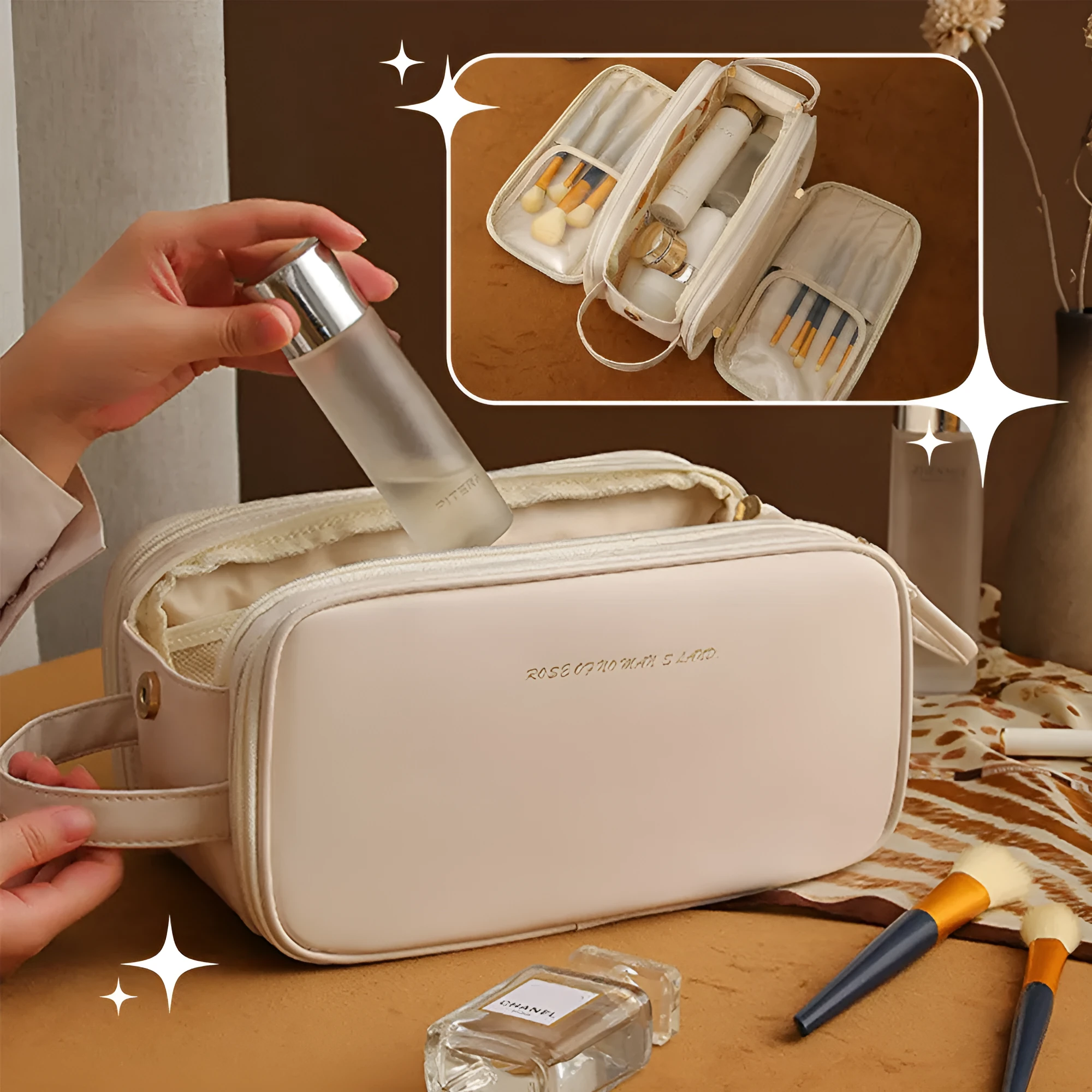 Three-layer double zipper U-shaped cosmetic bag in PU leather for make-up storage
