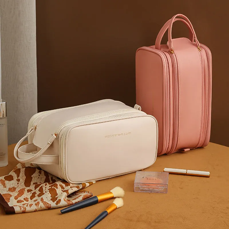 Three-layer double zipper U-shaped cosmetic bag in PU leather for make-up storage