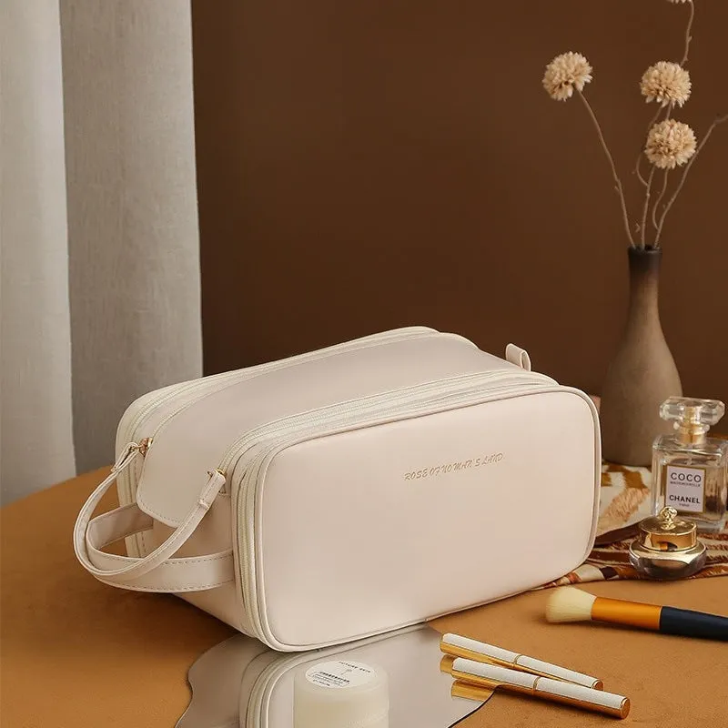 Three-layer double zipper U-shaped cosmetic bag in PU leather for make-up storage