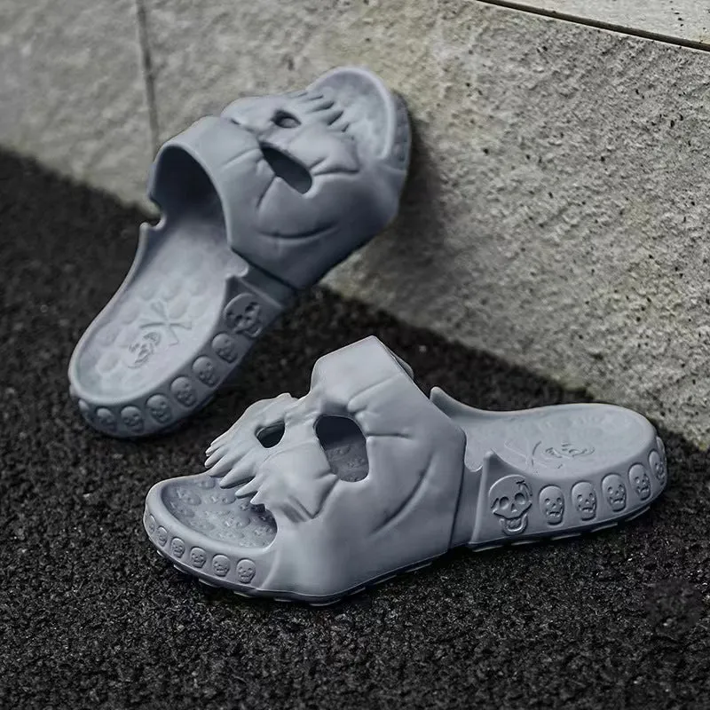 Khaki personalised skull design EVA slippers on a tiled floor, unisex Halloween flip-flops for indoor outdoor use