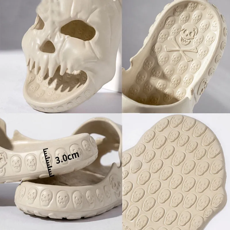 Khaki personalised skull design EVA slippers on a tiled floor, unisex Halloween flip-flops for indoor outdoor use
