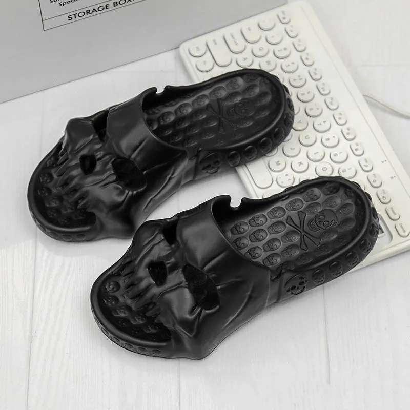 Khaki personalised skull design EVA slippers on a tiled floor, unisex Halloween flip-flops for indoor outdoor use