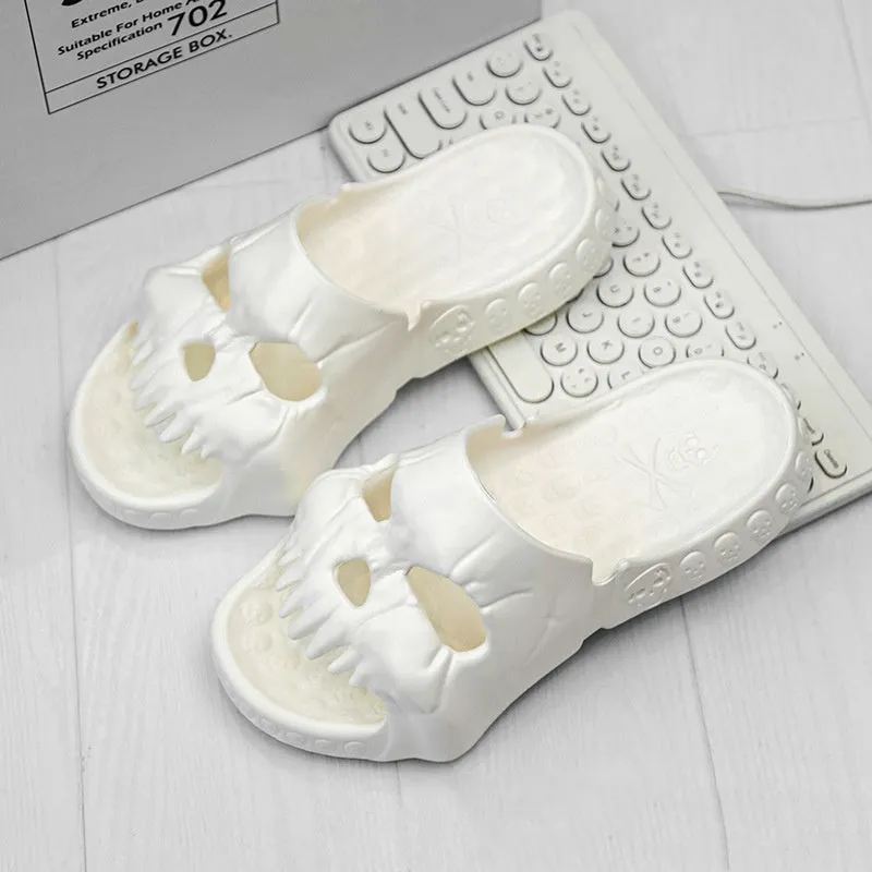 Khaki personalised skull design EVA slippers on a tiled floor, unisex Halloween flip-flops for indoor outdoor use