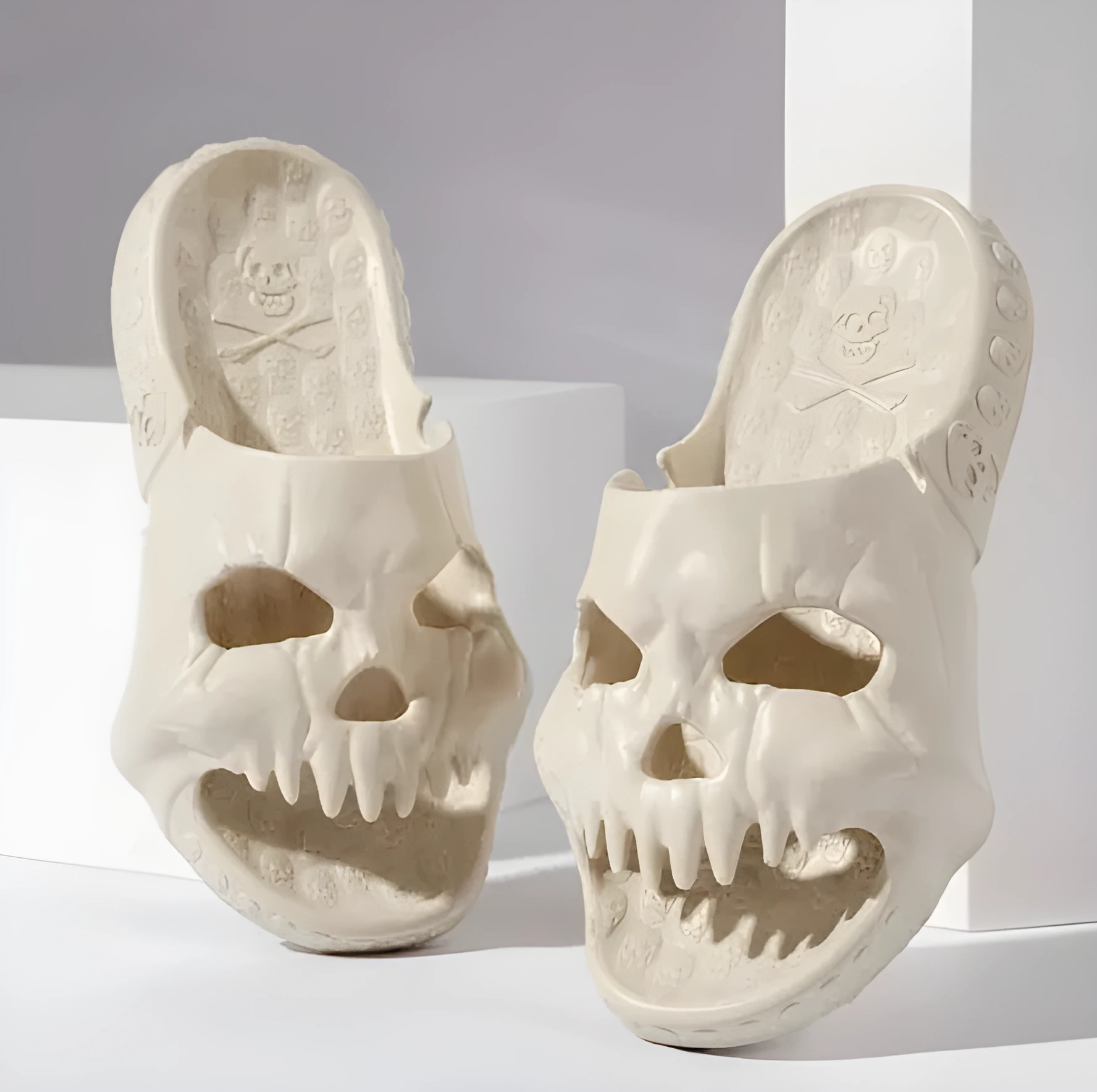 Khaki personalised skull design EVA slippers on a tiled floor, unisex Halloween flip-flops for indoor outdoor use