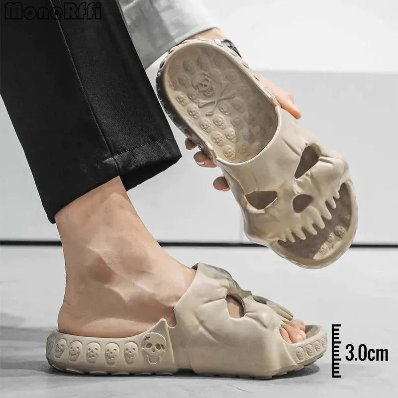 Khaki personalised skull design EVA slippers on a tiled floor, unisex Halloween flip-flops for indoor outdoor use