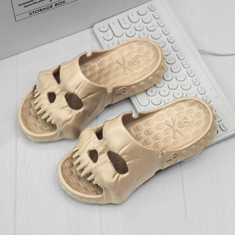 Khaki personalised skull design EVA slippers on a tiled floor, unisex Halloween flip-flops for indoor outdoor use