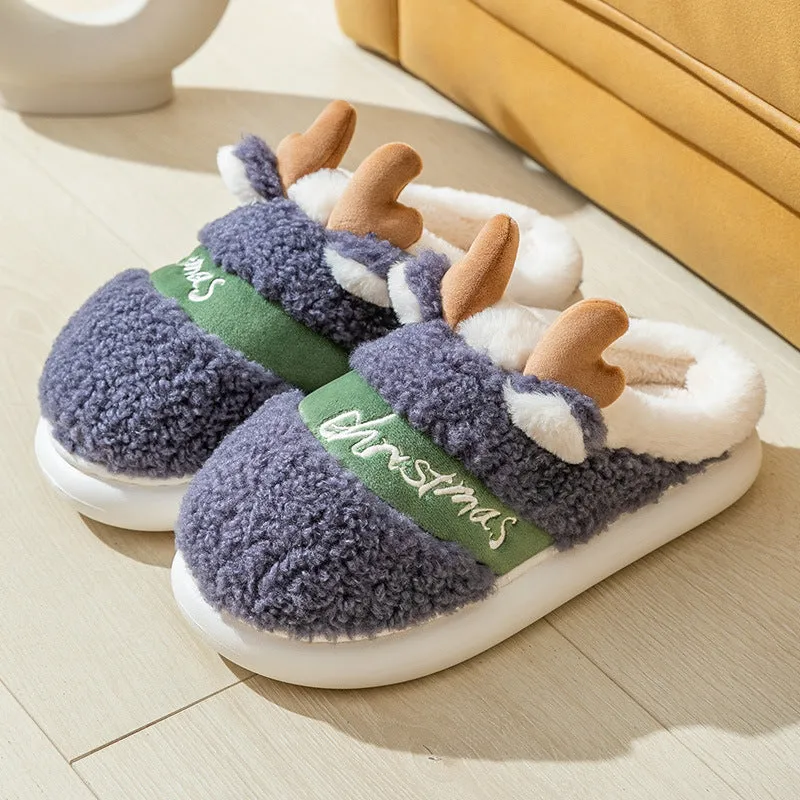 Christmas winter home slippers with suede upper and EVA sole in antler pink colour