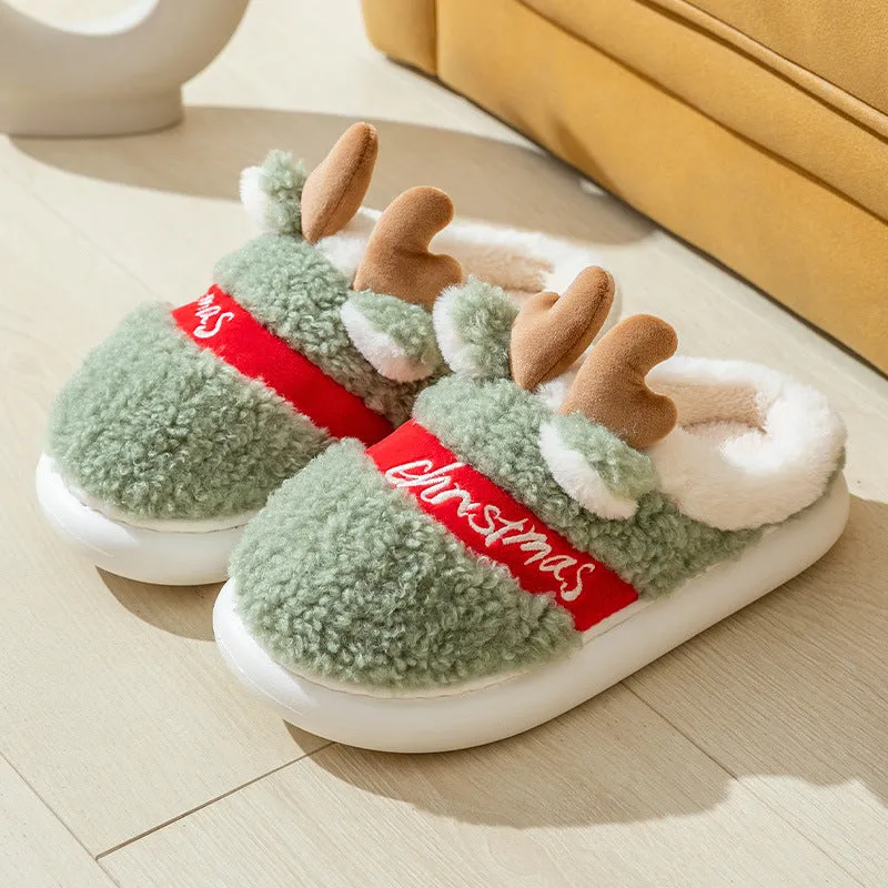 Christmas winter home slippers with suede upper and EVA sole in antler pink colour