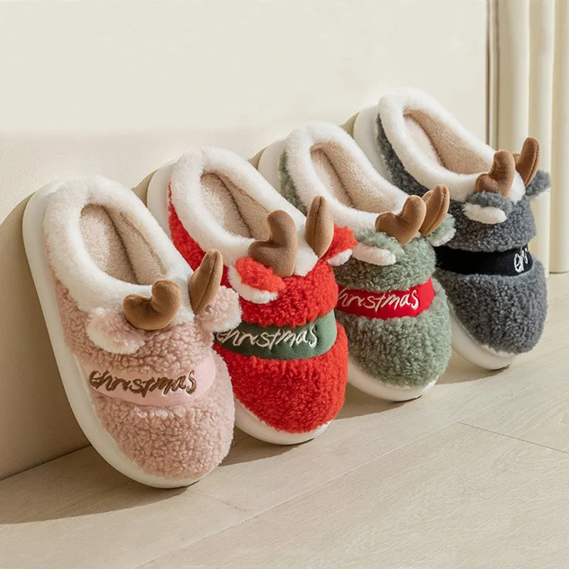 Christmas winter home slippers with suede upper and EVA sole in antler pink colour
