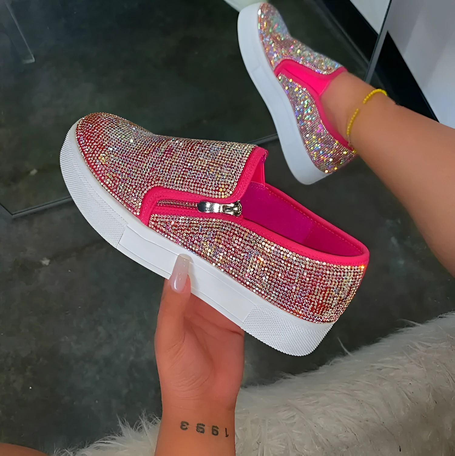 Large size women's rhinestone flat casual slip-on shoes in solid colour round toe style with metal and rhinestone accents
