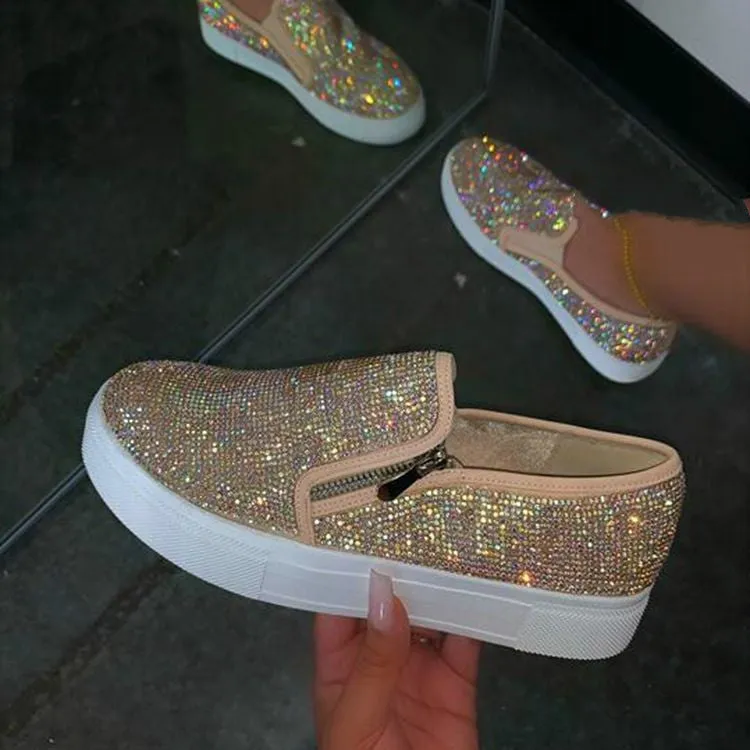 Large size women's rhinestone flat casual slip-on shoes in solid colour round toe style with metal and rhinestone accents