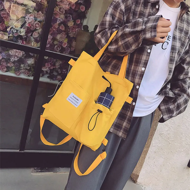 Canvas backpack for women students with pockets Harajuku style shoulder bag