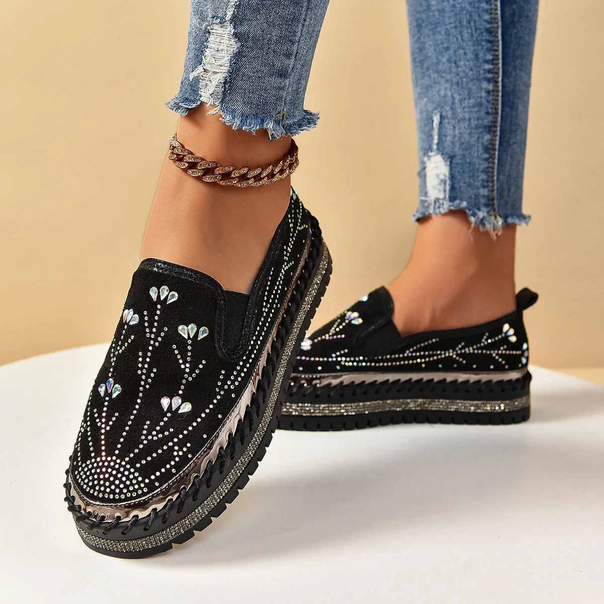 Casual slip-on sneakers with rhinestone platform thick bottom suede upper round toe mid heel