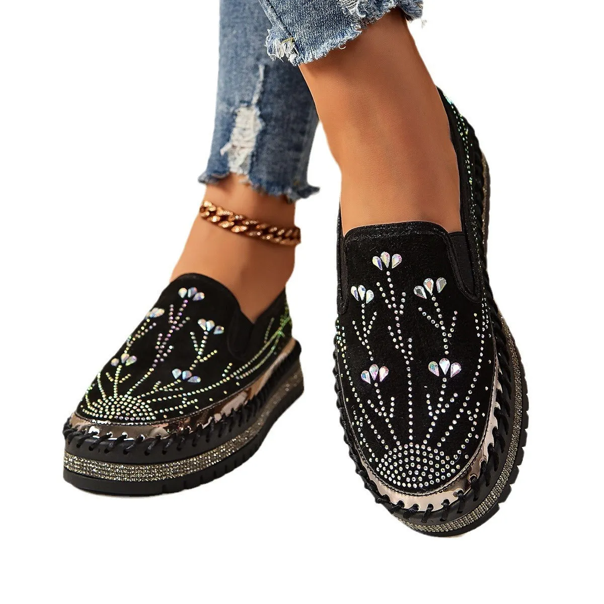 Casual slip-on sneakers with rhinestone platform thick bottom suede upper round toe mid heel