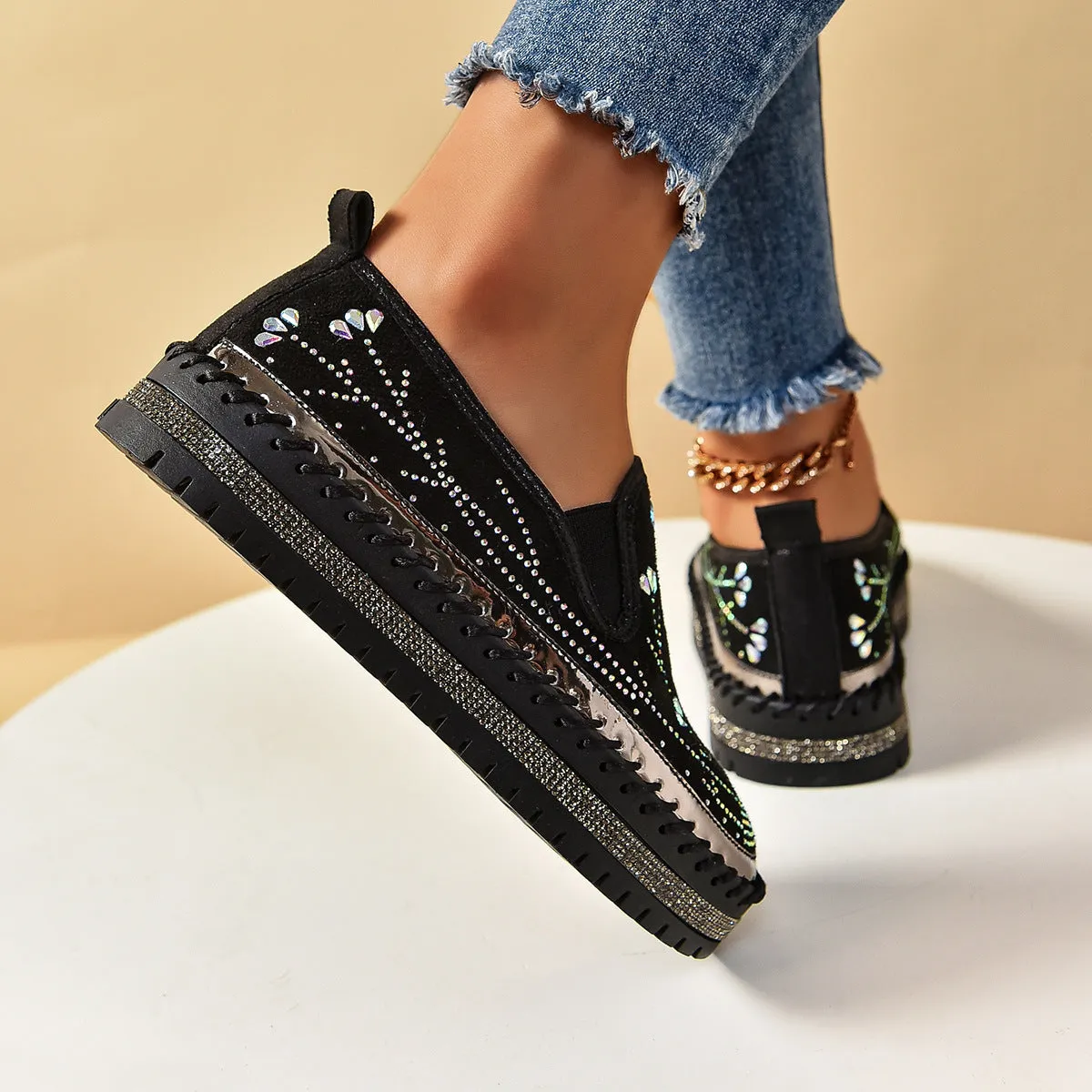 Casual slip-on sneakers with rhinestone platform thick bottom suede upper round toe mid heel
