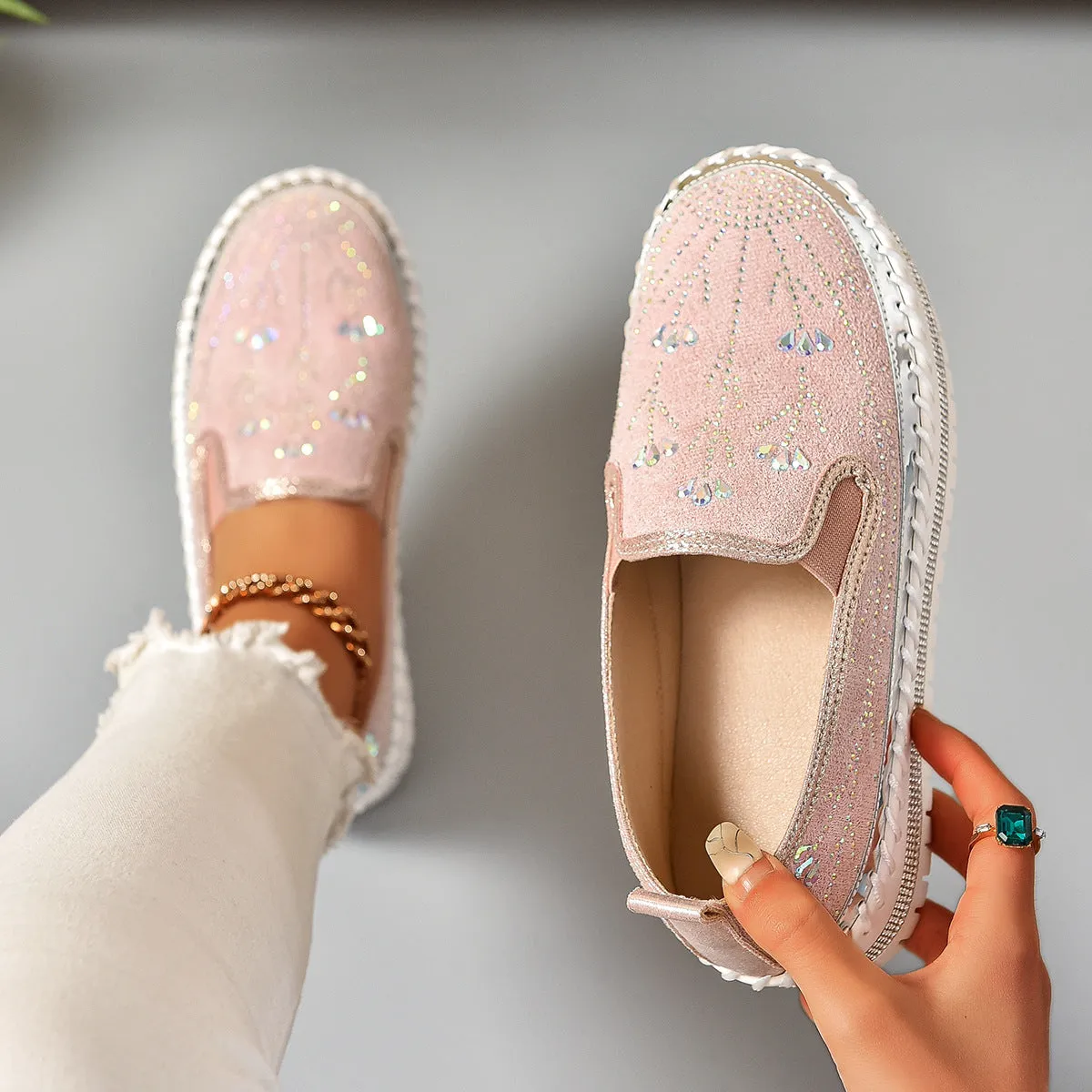 Casual slip-on sneakers with rhinestone platform thick bottom suede upper round toe mid heel