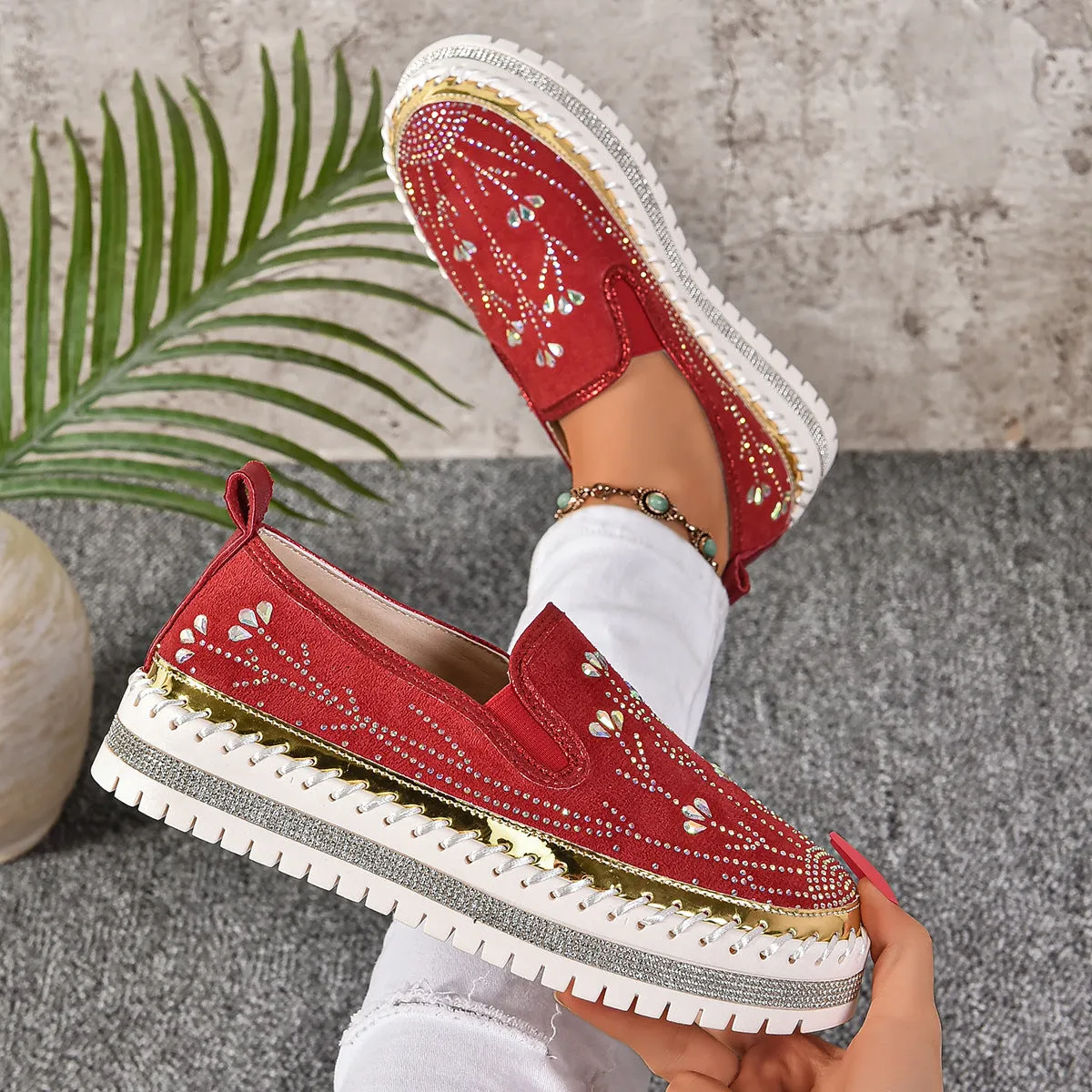 Casual slip-on sneakers with rhinestone platform thick bottom suede upper round toe mid heel
