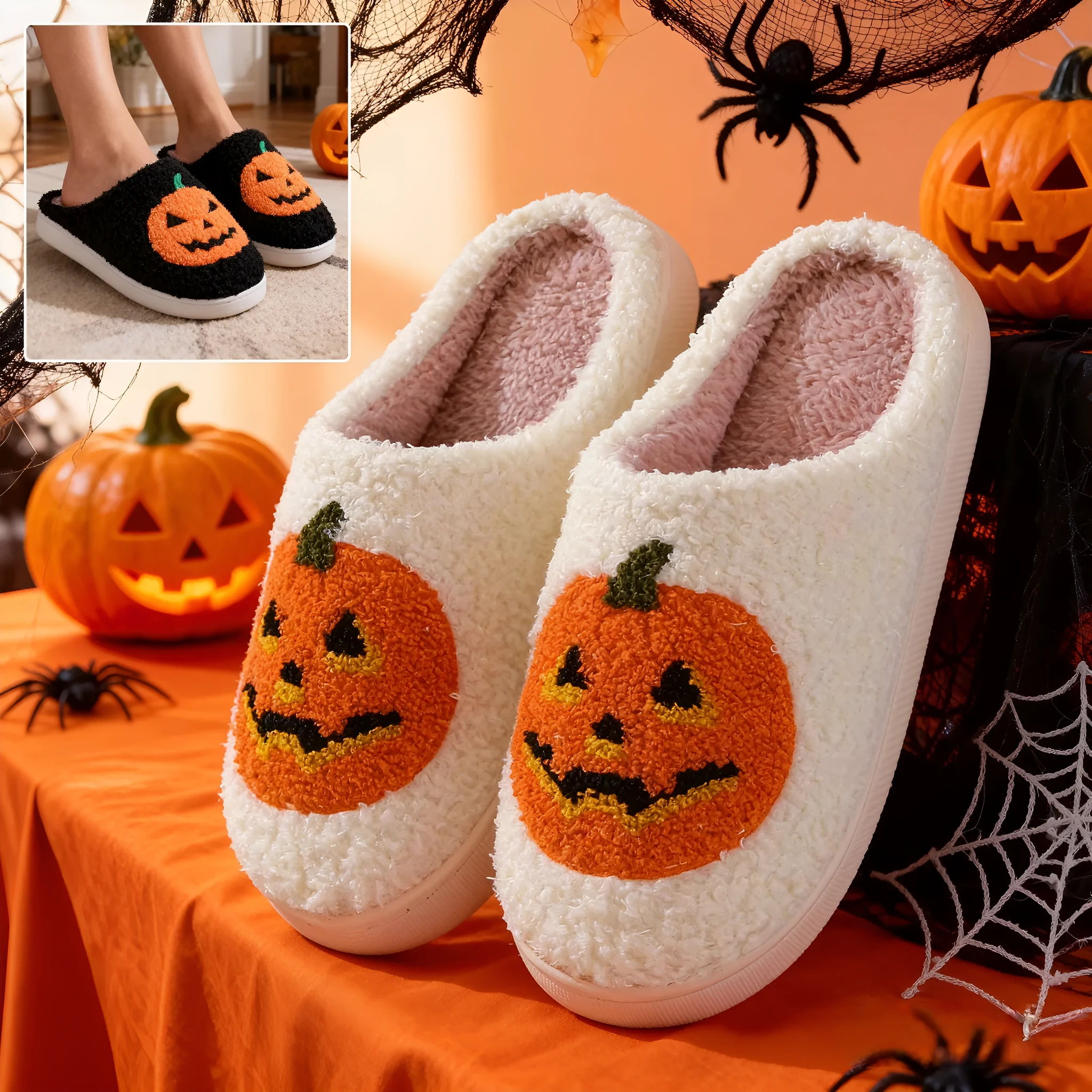 Halloween pumpkin cartoon slippers in white pumpkin colour with suede upper and rubber sole for indoor use