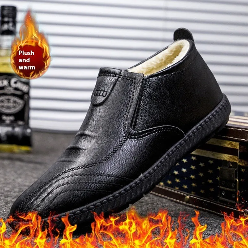 Men's winter warm casual leather shoes, high-top cotton style 1106, solid colour, front lace-up, flat heel