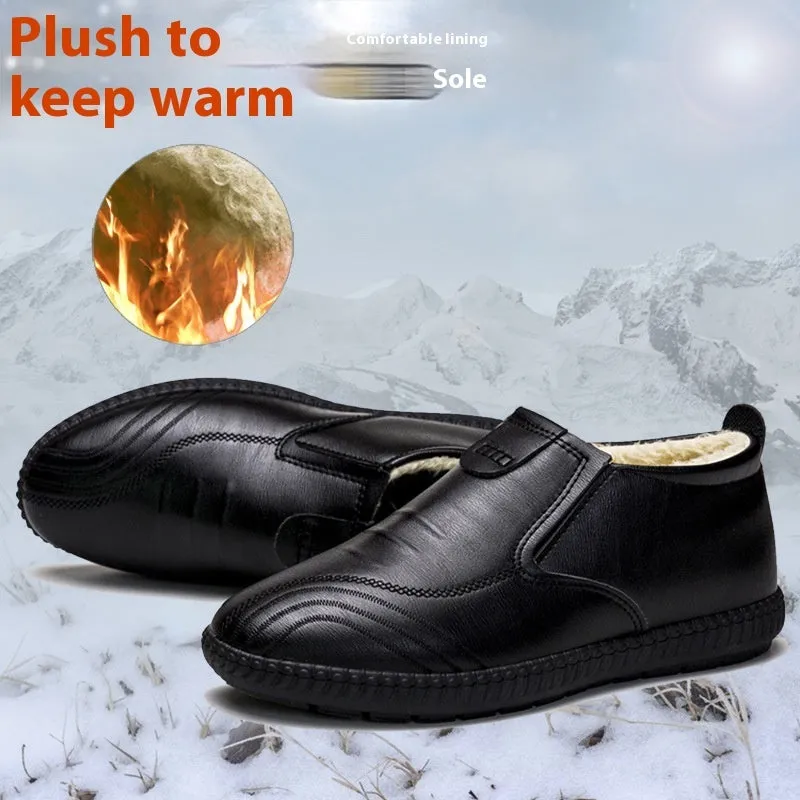 Men's winter warm casual leather shoes, high-top cotton style 1106, solid colour, front lace-up, flat heel