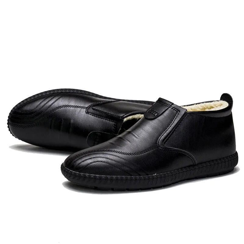 Men's winter warm casual leather shoes, high-top cotton style 1106, solid colour, front lace-up, flat heel