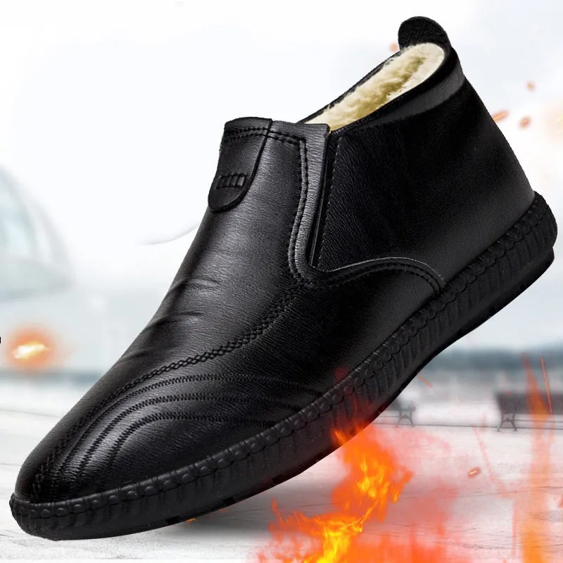 Men's winter warm casual leather shoes, high-top cotton style 1106, solid colour, front lace-up, flat heel