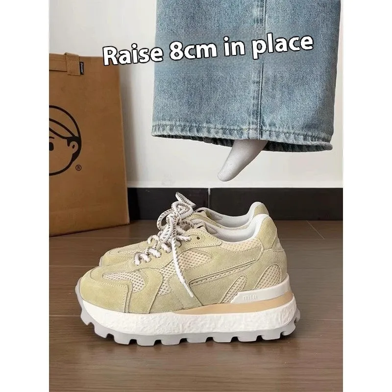 Women's height increasing insole Cortez platform shoes in apricot, white background, front lace-up sneaker style
