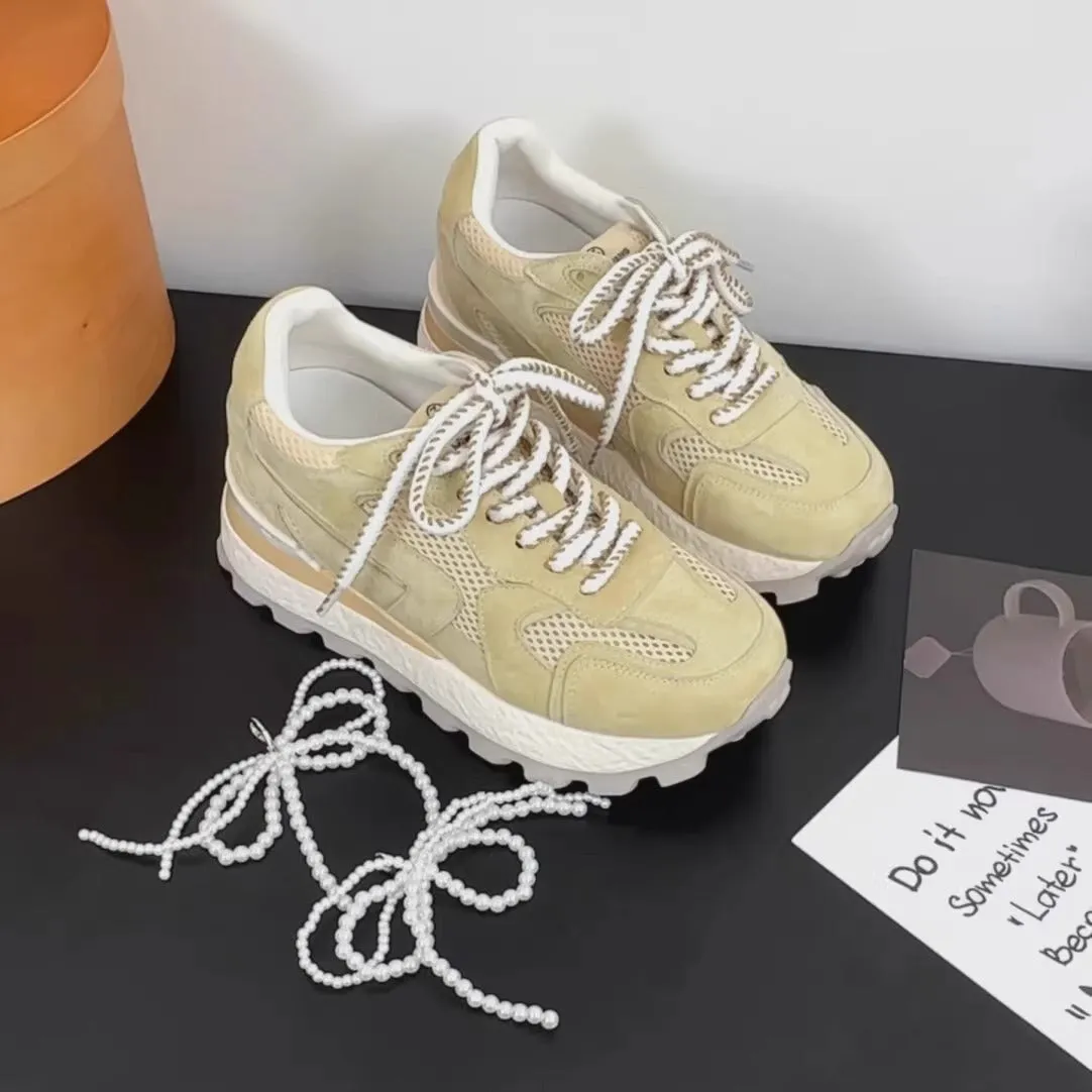 Women's height increasing insole Cortez platform shoes in apricot, white background, front lace-up sneaker style