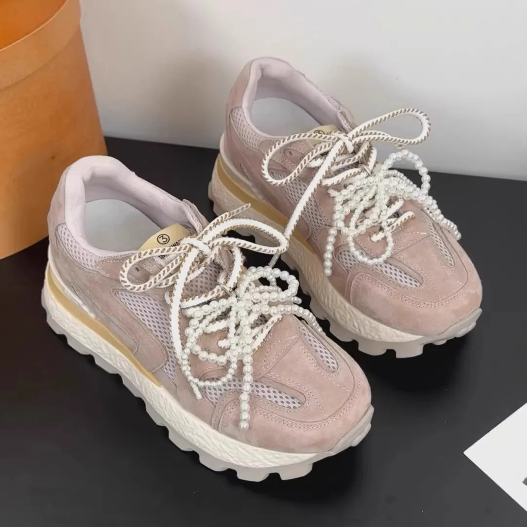 Women's height increasing insole Cortez platform shoes in apricot, white background, front lace-up sneaker style