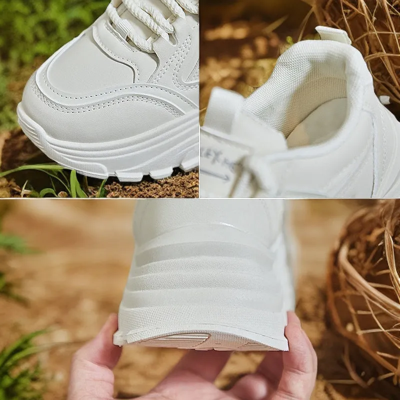 Breathable sports height increasing low-top shoes for women in black with T-shaped tie and rubber sole