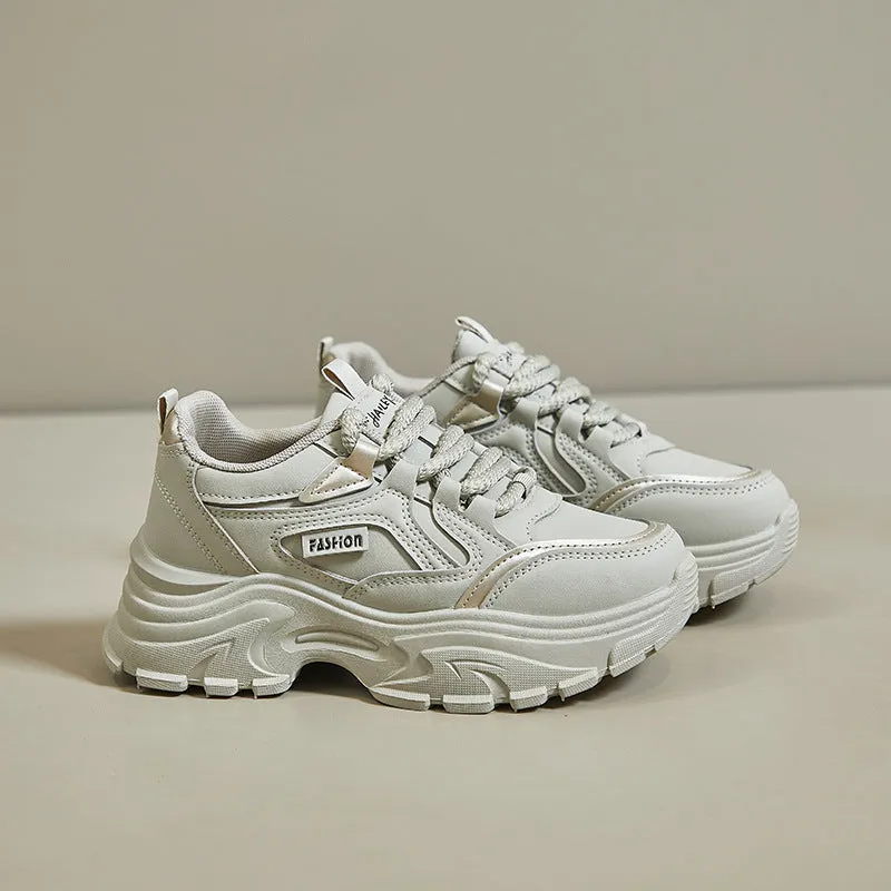 Breathable sports height increasing low-top shoes for women in black with T-shaped tie and rubber sole
