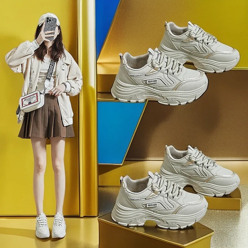 Breathable sports height increasing low-top shoes for women in black with T-shaped tie and rubber sole