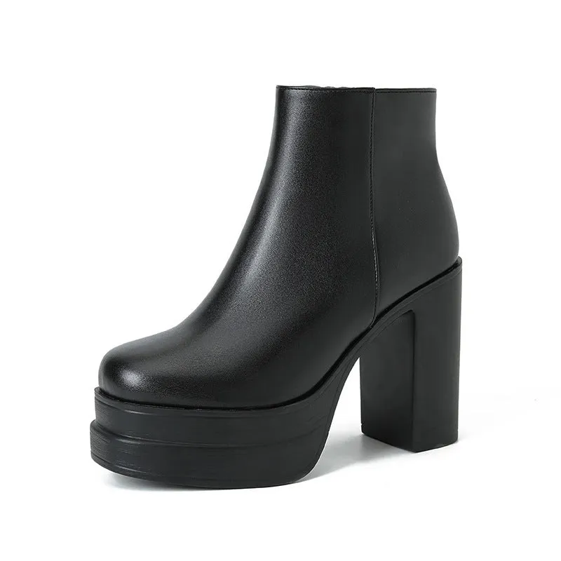 Women's black chunky heel ankle boots with side zipper, round toe, and cotton lining